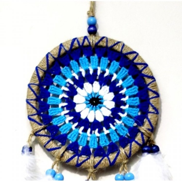 Handmade Dream Catcher with Nazar Boncuk Pattern and Bird Feathers Wall Decoration
