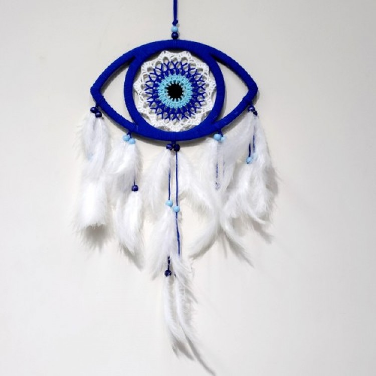 Eye Model Nazar Bead Motif Bird Feather Handmade Blue Dream Catcher Wall Decoration Eye Model Nazar Bead Motif Bird Feather Handmade Blue Dream Catcher Wall Decoration