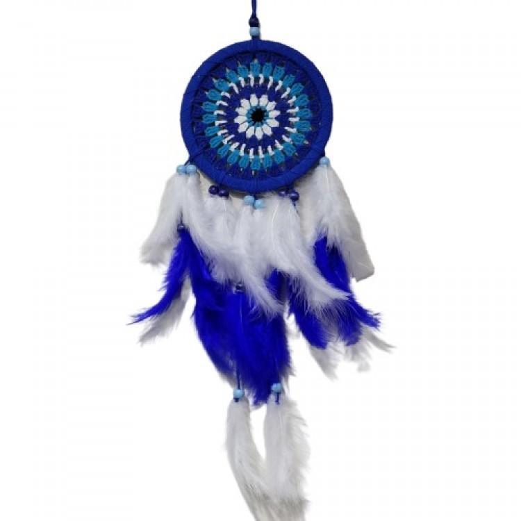 Handmade Wall Decoration with Blue Dream Catcher Design Featuring an Evil Eye Bead and Plenty of Bird Feathers