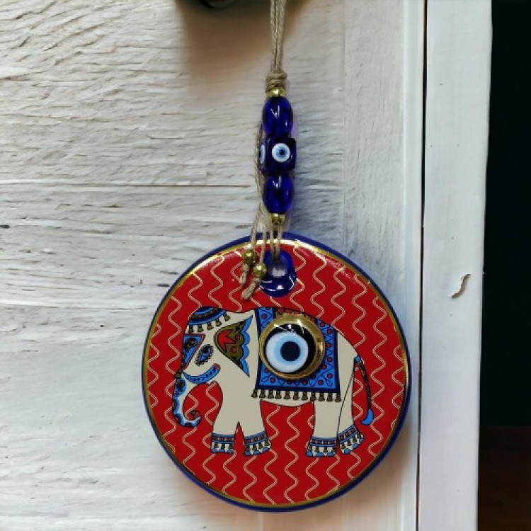 Red Prosperity-Bringing Elephant Evil Eye Beaded Wall Decoration Glass Wall Decor