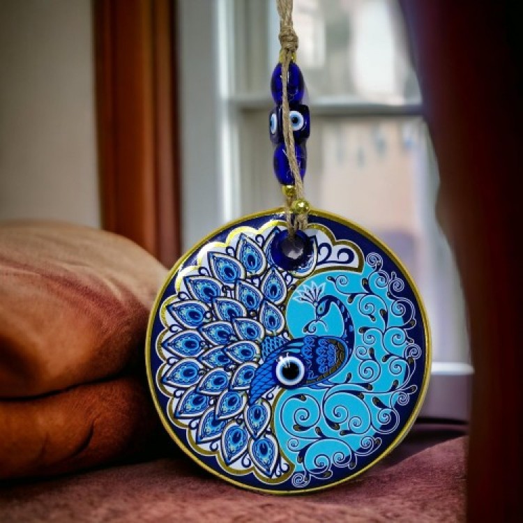 Gilded Peacock Wall Decoration with Nazar Beads Glass Wall Decoration