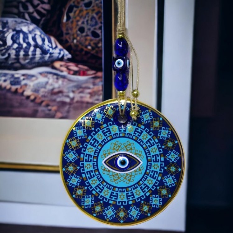 Gilded Turquoise-Colored Eye-Shaped Nazar Bead Wall Decoration Glass Wall Decor