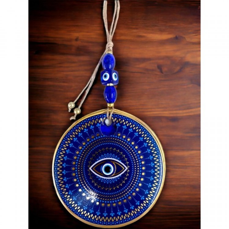 Blue Glass Nazar Bead Eye Motif Wall Decoration Blue and Yellow Wall Decoration