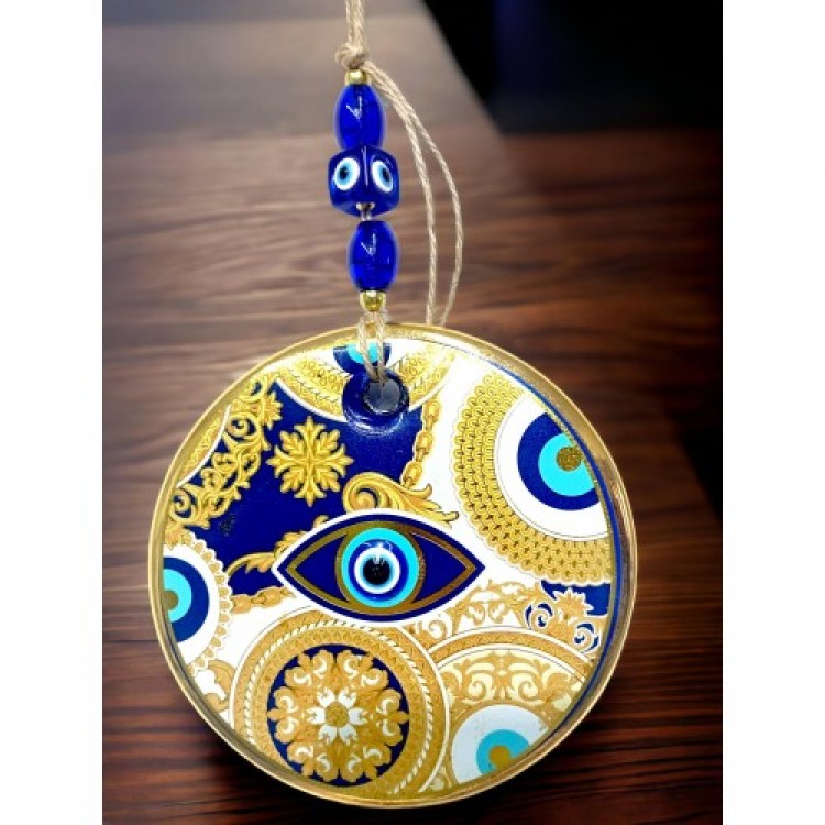 Yellow Patterned Blue Embroidered Nazar Bead Eye Wall Decoration