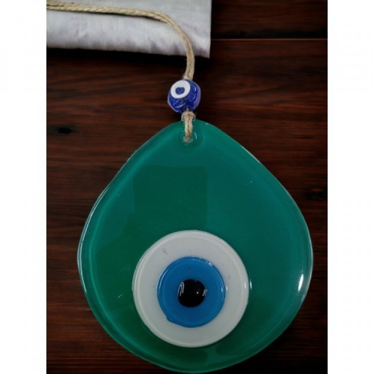 Handmade Wall Decoration with Blue Nazar Beads and Green Nazar Beads in a Teardrop Pattern