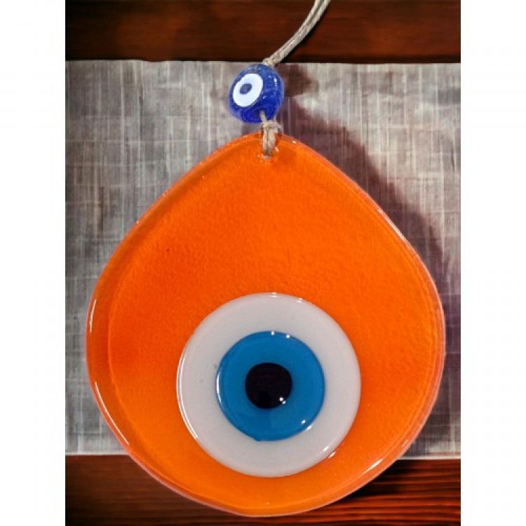 Handmade Wall Decoration with Blue Nazar Beads and Transparent Orange Nazar Beads in a Teardrop Pattern