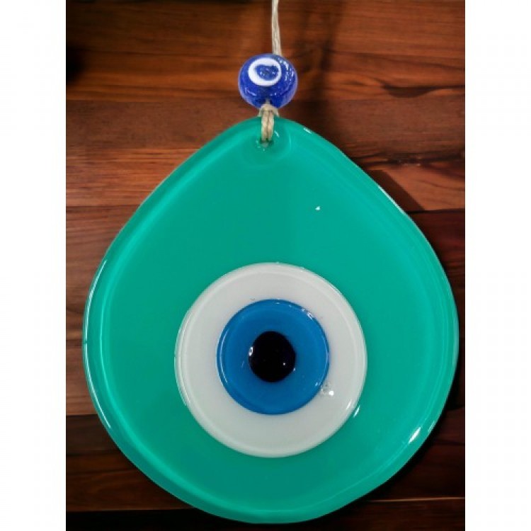 Handmade Wall Decoration with Blue Nazar Beads and Open Green Nazar Bead Drop Pattern