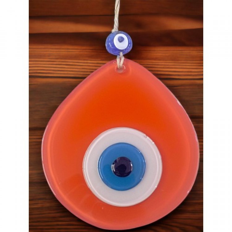 Handmade Wall Decoration with Blue Nazar Beads and Orange Nazar Beads in a Teardrop Pattern