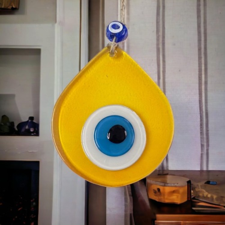 Medium-Sized Transparent Yellow Teardrop Pattern Nazar Bead Wall Decoration Glass Wall Ornament