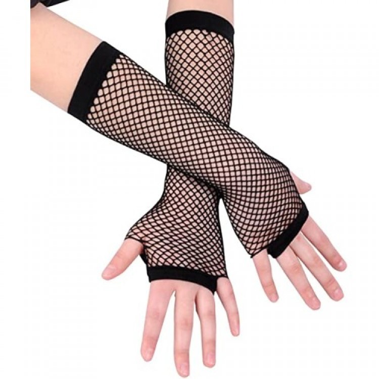Black Color Long Fishnet Gloves - Knitted Gloves Black Color