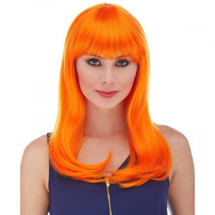 Orange Color Long Straight Party Wig