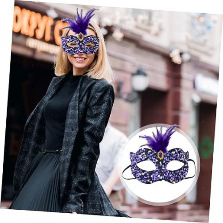 Black Velvet Sequined Purple Feather Party Mask