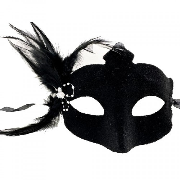 Black Suede Feathered White Pearl Party Mask Black Suede Feathered White Pearl Party Mask