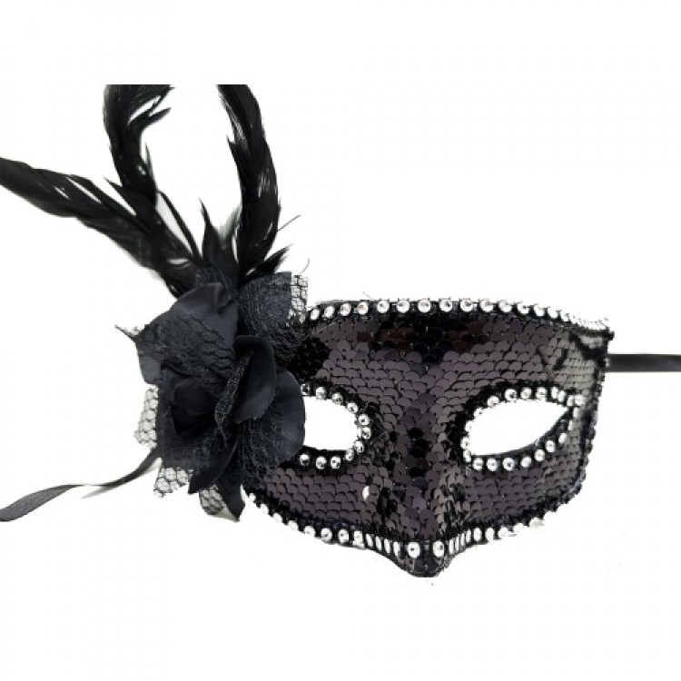 Black Side Feathered Rose Stone Sequin Mask