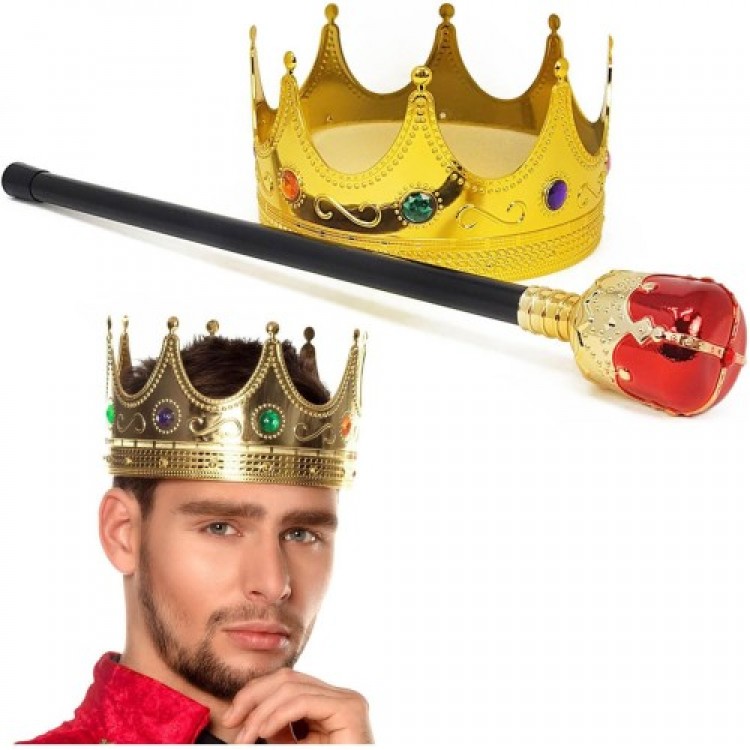 Gold King's Crown and Red-Knobbed Scepter Set