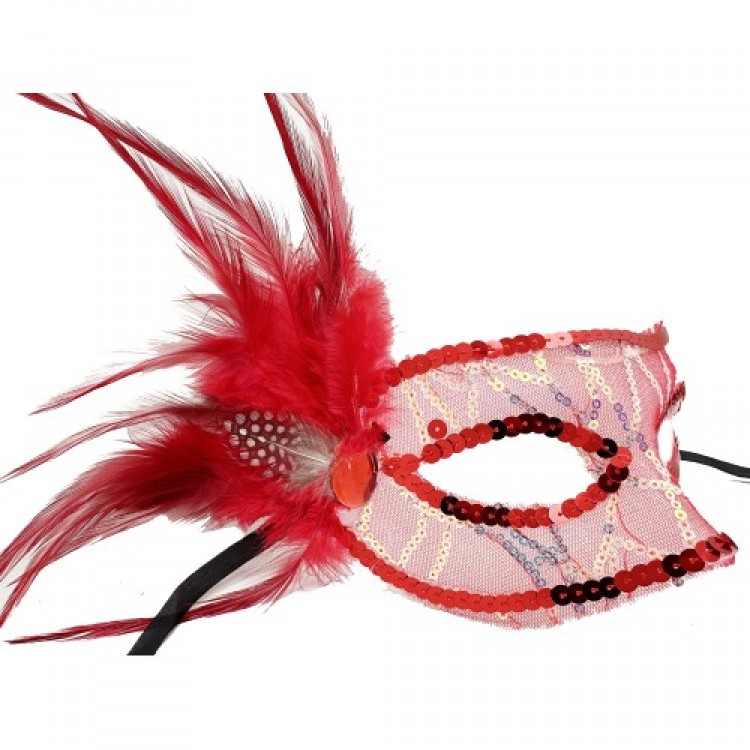 Red Side Feathered Sequined Party Mask