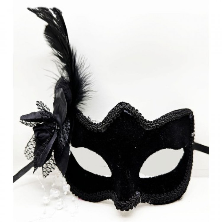 Black Suede Side Feather Pearl Party Mask Black Suede Side Feather Pearl Party Mask