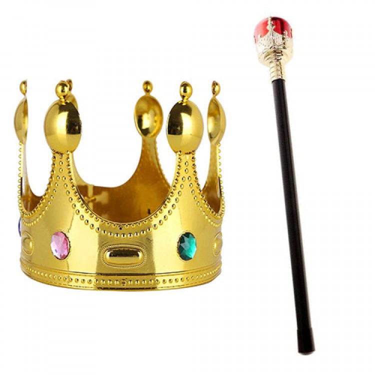 Children's Size Gold-Colored King's Crown and Red-Topped King's Scepter Children's Size Gold-Colored King's Crown and Red-Topped King's Scepter