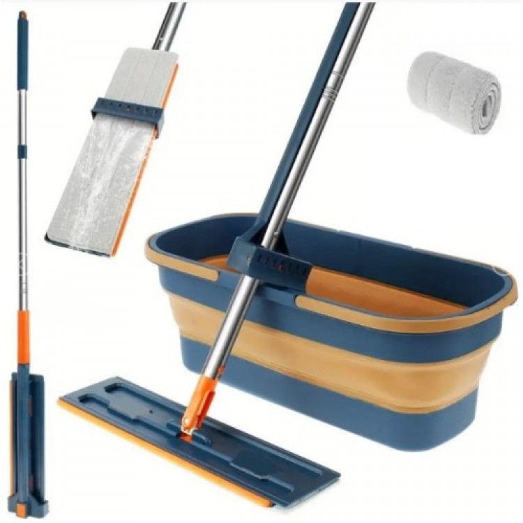 Foldable Cleaning Mop and Wheeled Bucket Set