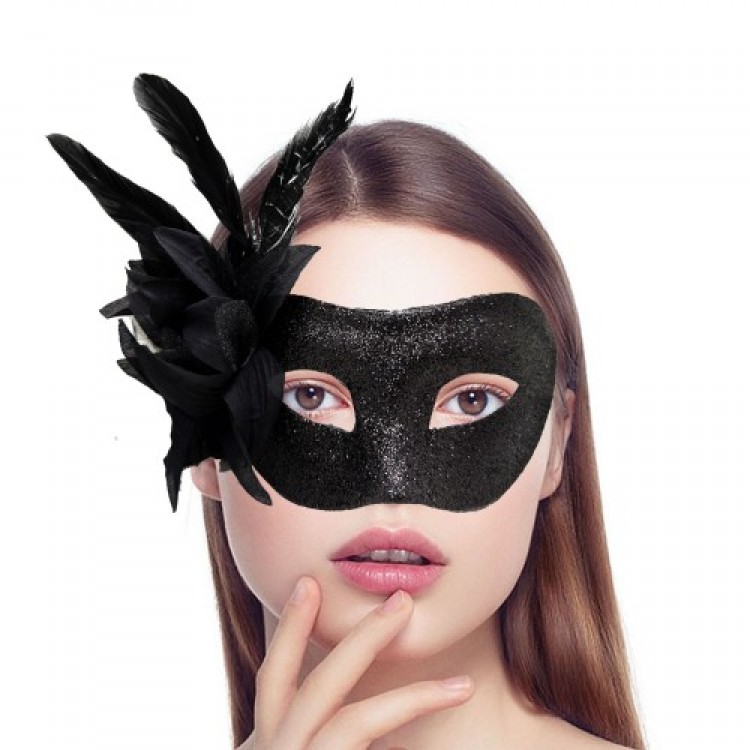 Black Metalized Feather Party Mask
