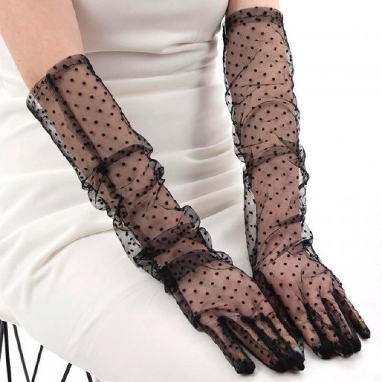 Long Black Polka Dot Adult Tulle Gloves Long Black Polka Dot Adult Tulle Gloves