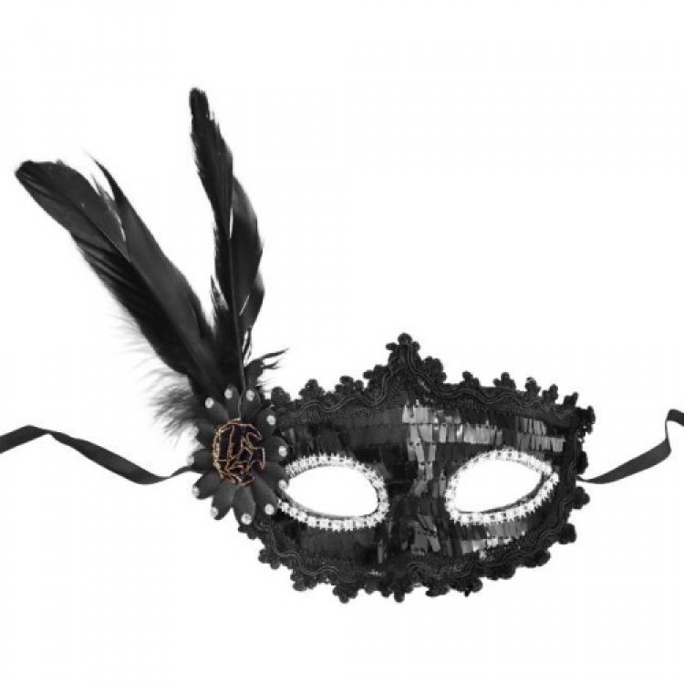 Black Sequined Party Mask with Side Feathers Black Sequined Party Mask with Side Feathers