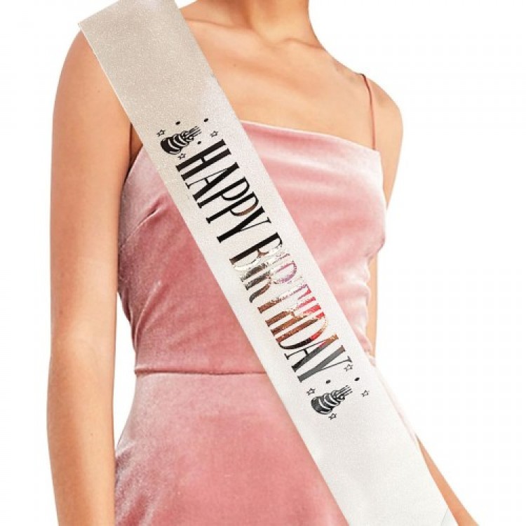 White Silver Happy Birthday Embroidered Belt White Silver Happy Birthday Embroidered Belt