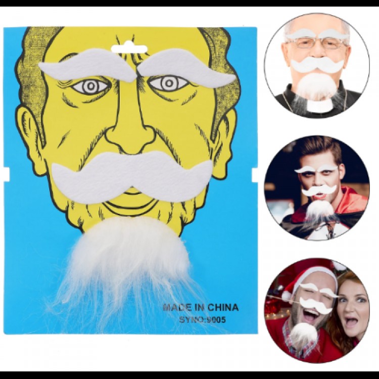 White Self-Adhesive Fake Beard, Mustache, and Eyebrow Set White Self-Adhesive Fake Beard, Mustache, and Eyebrow Set