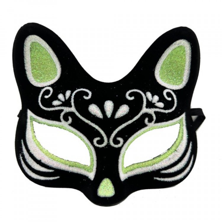Black Suede Coated Silver Green Glitter Cat Mask Black Suede Coated Silver Green Glitter Cat Mask