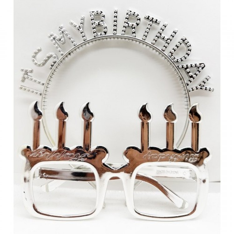 My Birthday Written Crown and Candle Shaped Glasses Set in Silver