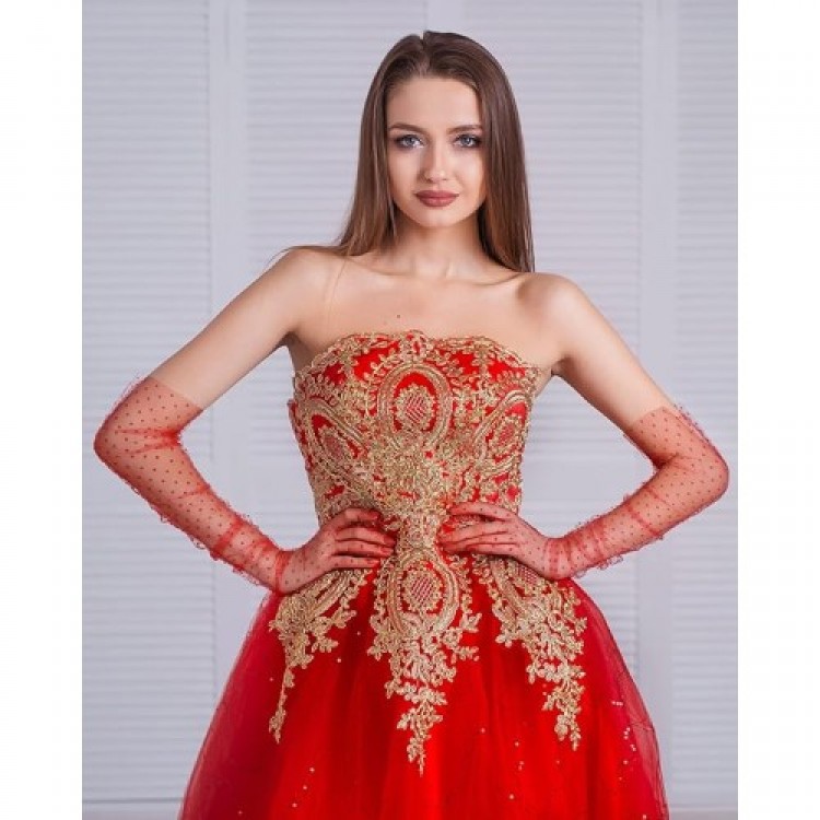 Long Red Polka Dot Red Color Adult Tulle Gloves