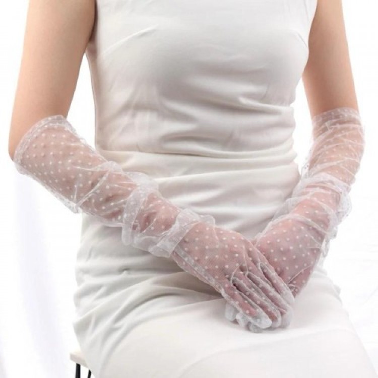 Long White Polka Dot White Color Adult Tulle Gloves Long White Polka Dot White Color Adult Tulle Gloves