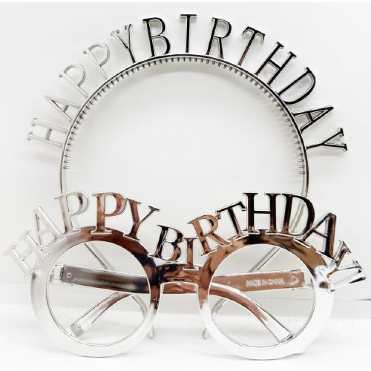 Happy Birthday Crown and Glasses Set Silver Color Happy Birthday Crown and Glasses Set Silver Color
