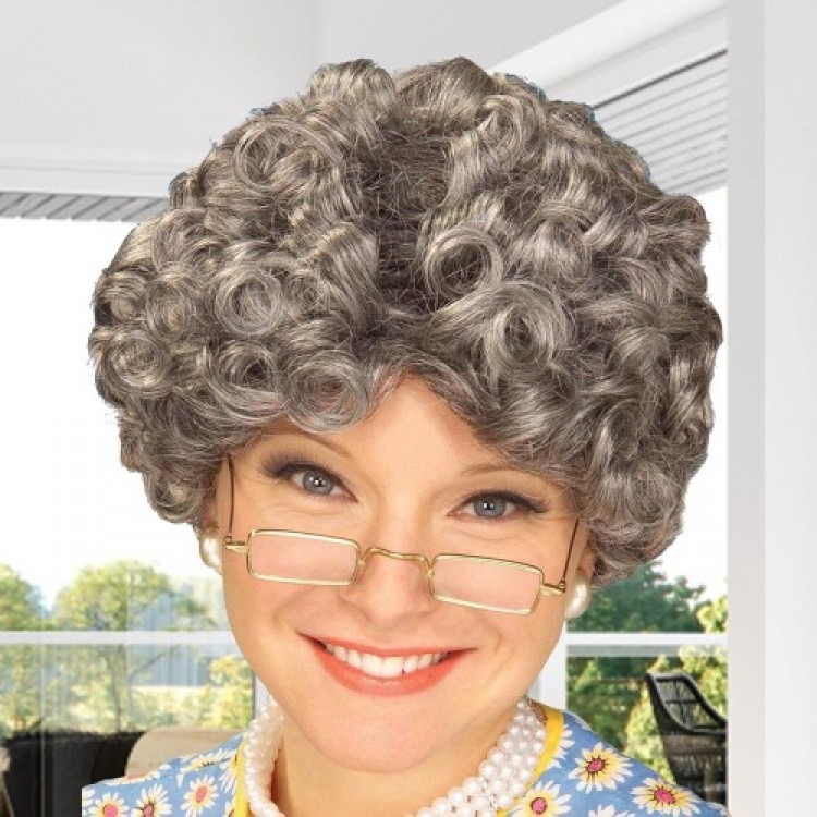 Gray Curly Grandma Wig Lined Model Gray Curly Grandma Wig Lined Model
