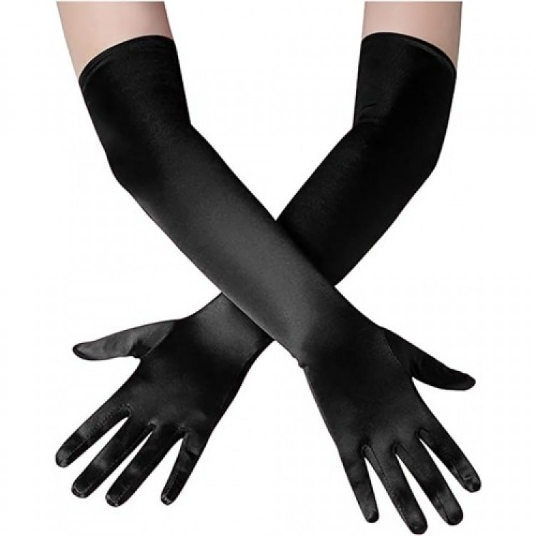 Long Extra Shiny Satin Gloves Black Color