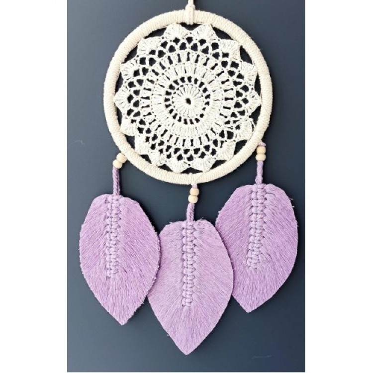 Handmade Macrame Wall Decoration with Lilac-Colored Leaves