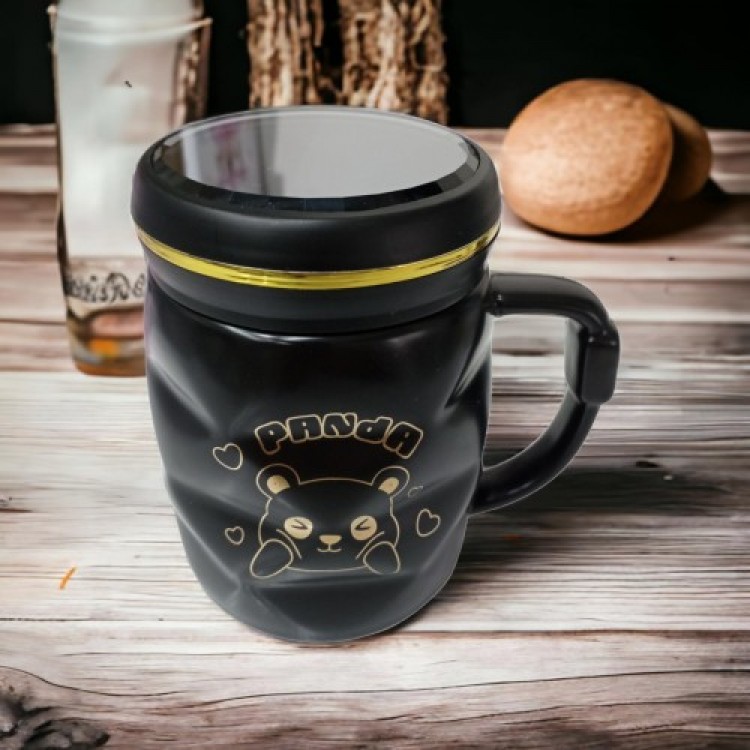 Mirror-Lidded Panda-Patterned Porcelain Mug Black Mug Mirror-Lidded Panda-Patterned Porcelain Mug Black Mug