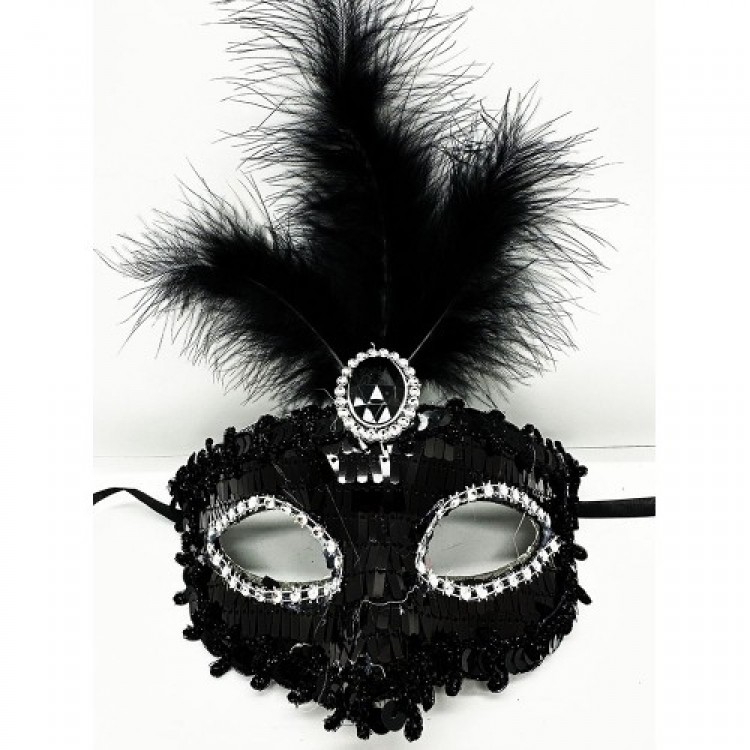 Black Sequined and Feathered Party Mask Black Sequined and Feathered Party Mask