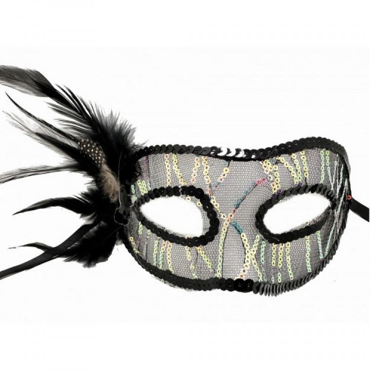 Black Sequin Mask with Side Feathers Black Sequin Mask with Side Feathers