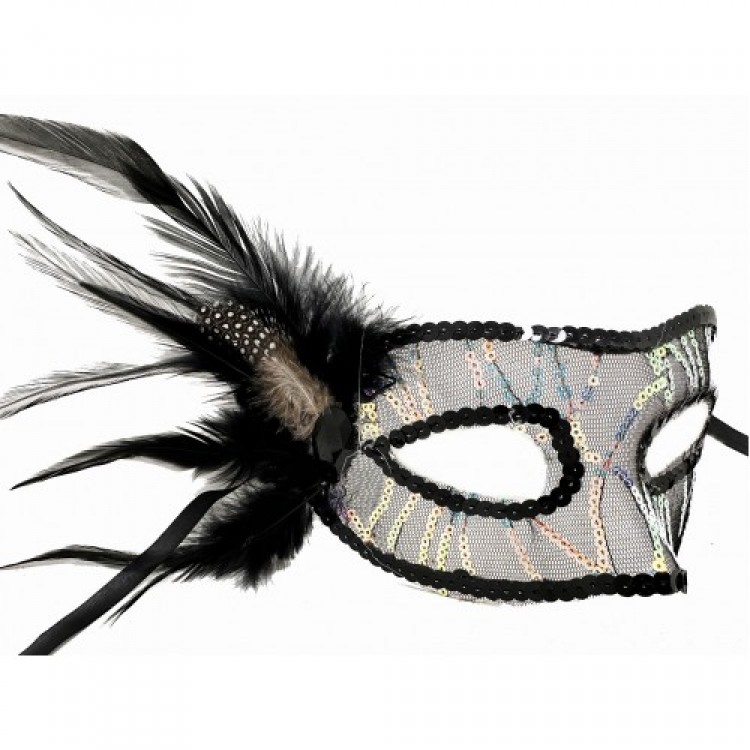 Black Sequin Mask with Side Feathers