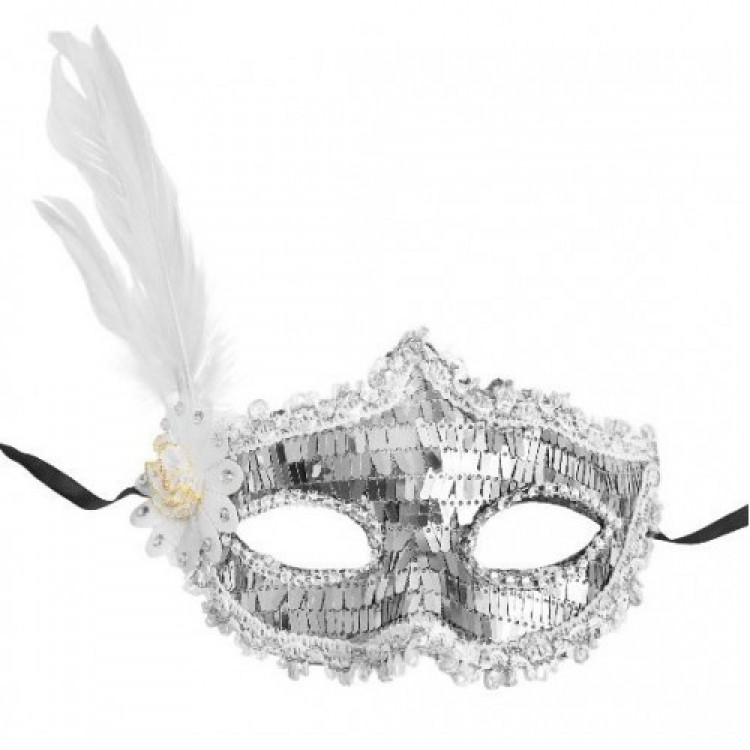 White Silver Feathered Party Mask White Silver Feathered Party Mask