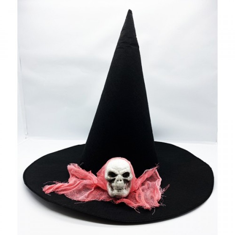 Black Color Pink Veil Skull Themed Witch Hat 35x38 cm