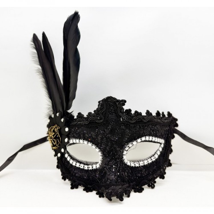 Black Color Feathered Lace Eyed Prom Party Mask with Stones