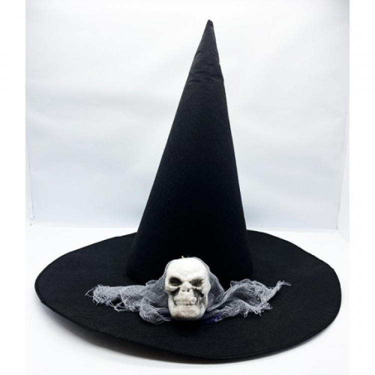 Black Color Gray Veil Skull Themed Witch Hat 35x38 cm