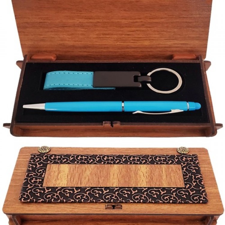 Decorative Gift Wooden Box Pen and Keychain Blue Set