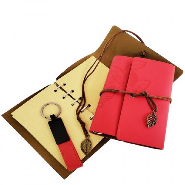 Special Wooden Boxed Red Leather Notebook and Keychain Set