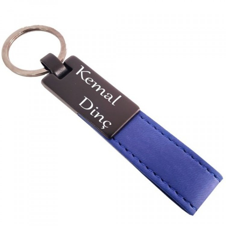 Navy Blue Leather Metal Keyring