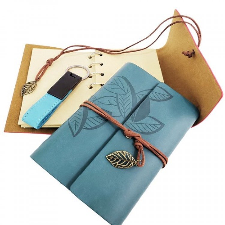 Special Wooden Box Blue Leather Notebook and Keychain Set