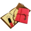 Wooden Boxed Red Leather Notebook and Keychain Set