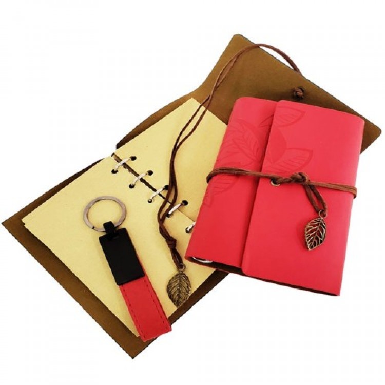 Wooden Boxed Red Leather Notebook and Keychain Set